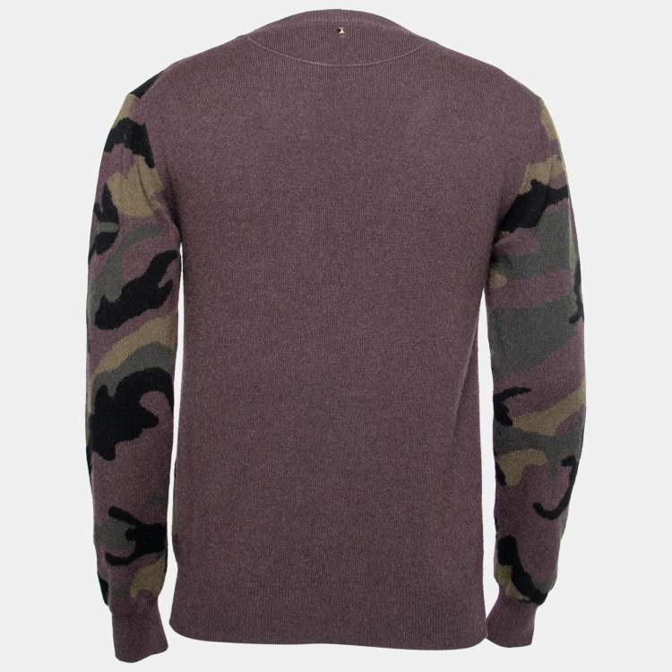 Pre Owned Valentino Burgundy Camouflage Intarsia Knit Cashmere Crew Neck Sweater M