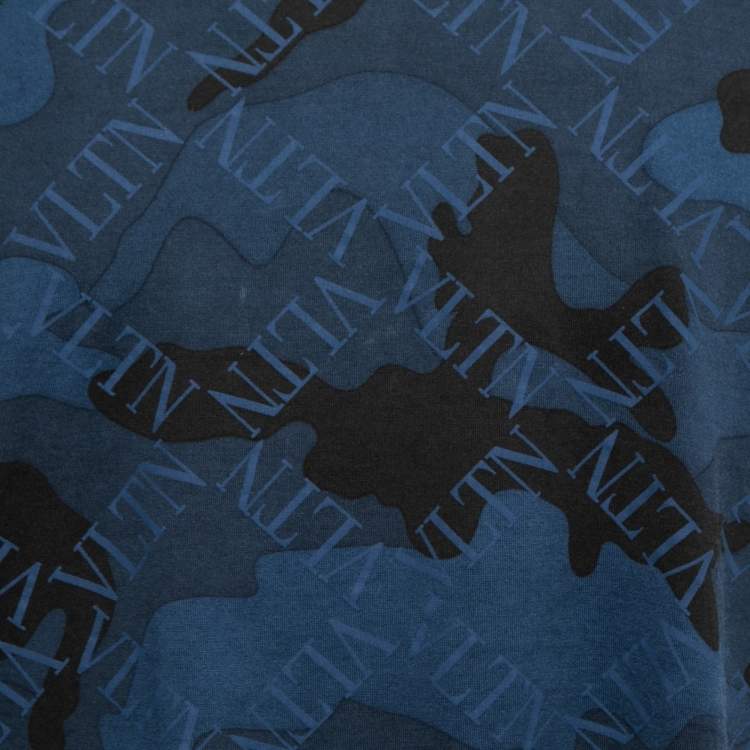 Pre Owned Valentino Blue Logo Camouflage Print Cotton T-Shirt M