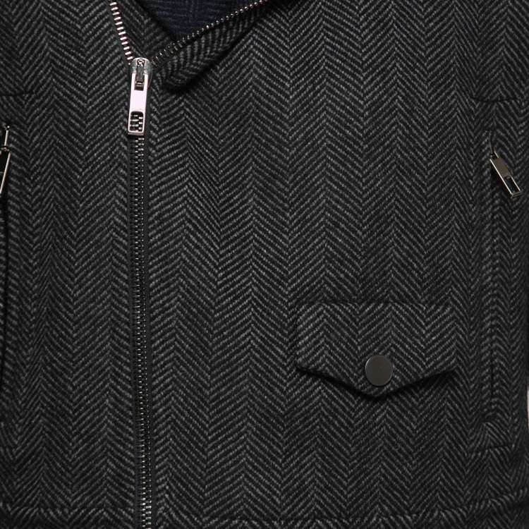 Pre Owned Valentino Black Herringbone Patterned Wool & Leather Biker Jacket L