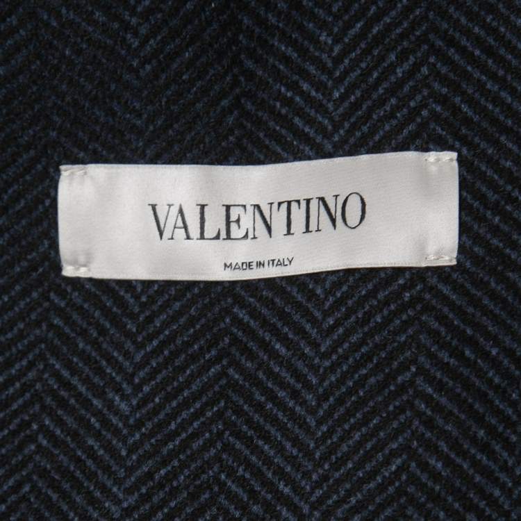 Pre Owned Valentino Black Herringbone Patterned Wool & Leather Biker Jacket L