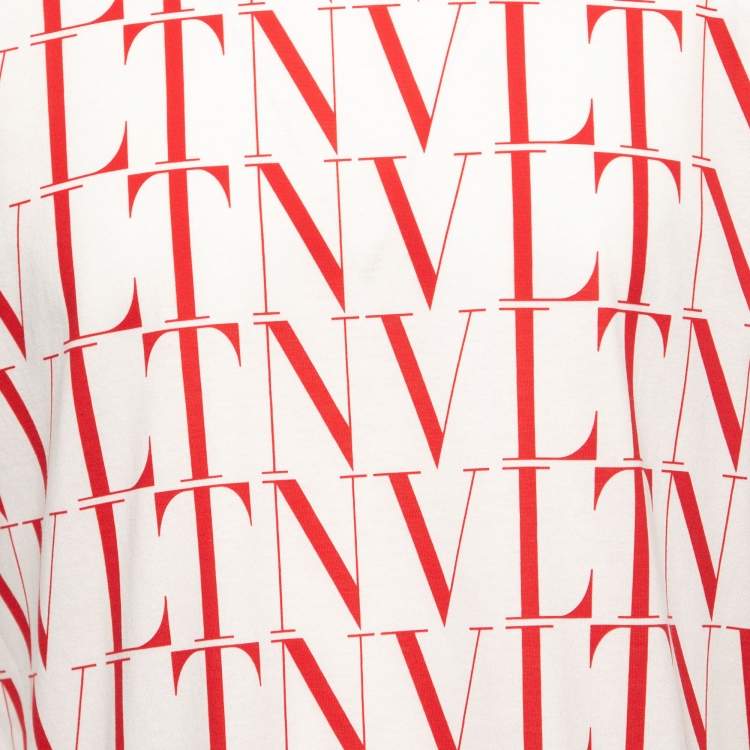 Pre Owned Valentino White & Red Logo Printed Cotton Short Sleeve T-Shirt L