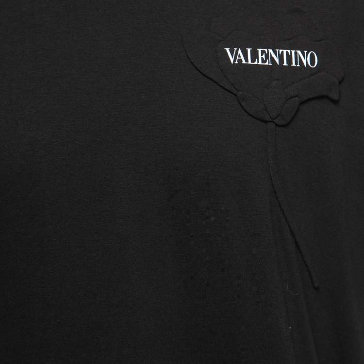 Pre Owned Valentino Black Jersey Flower Appliqué Crew Neck T-Shirt XXL