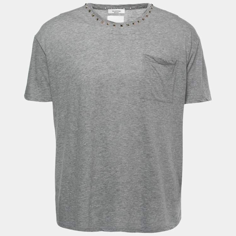 Pre Owned Valentino Grey Cotton Rockstud Detail Crewneck T-Shirt XL