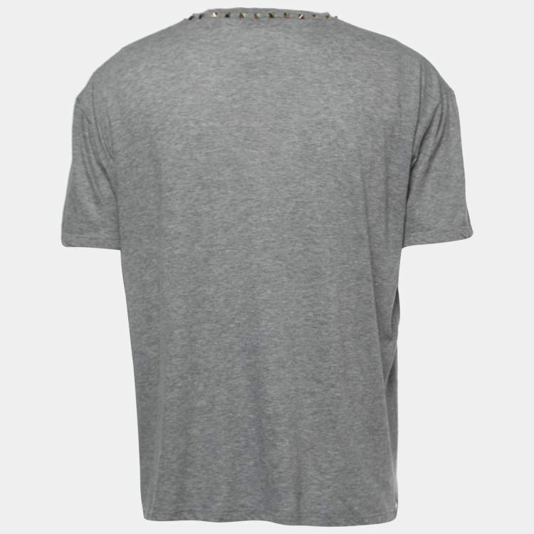 Pre Owned Valentino Grey Cotton Rockstud Detail Crewneck T-Shirt XL