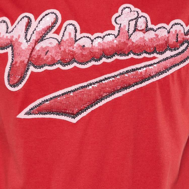 Pre Owned Valentino Red Signature Logo Embellished Cotton Knit T-Shirt S