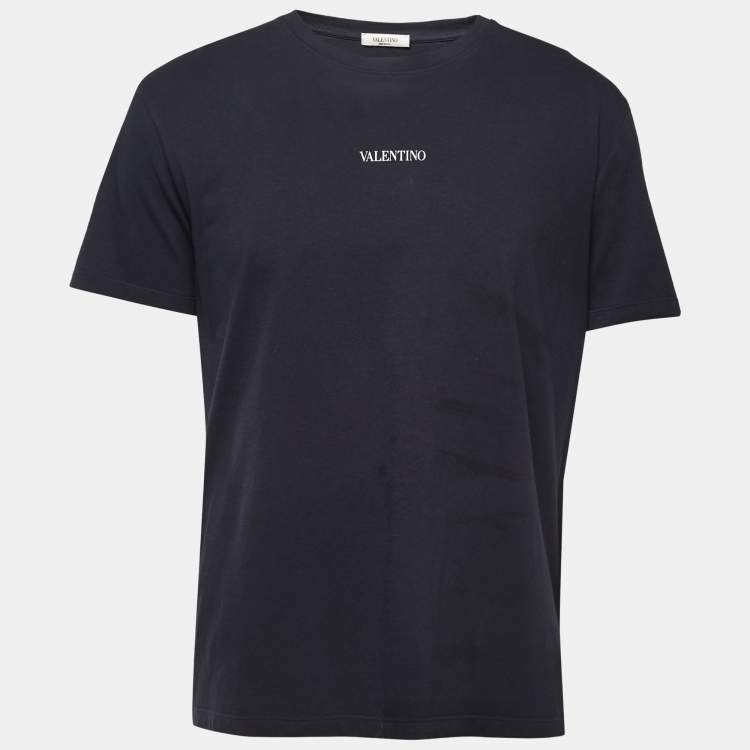 Pre Owned Valentino Navy Blue Logo Print Cotton Crew Neck Half Sleeve T-Shirt L