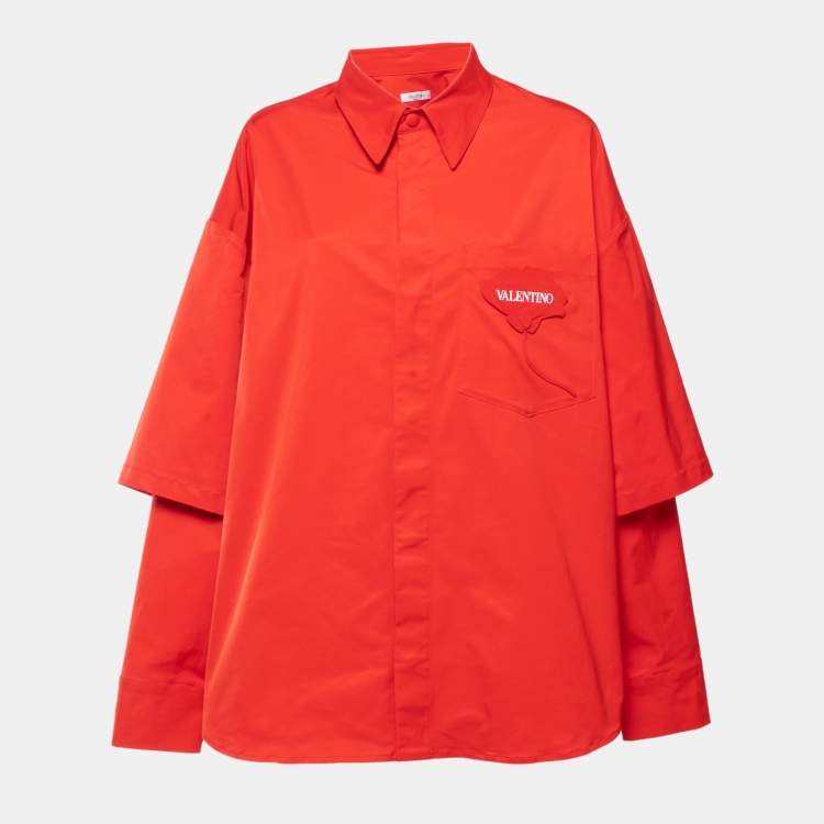 Pre Owned Valentino Red Taffeta Flower Logo Long Sleeve Shirt XL