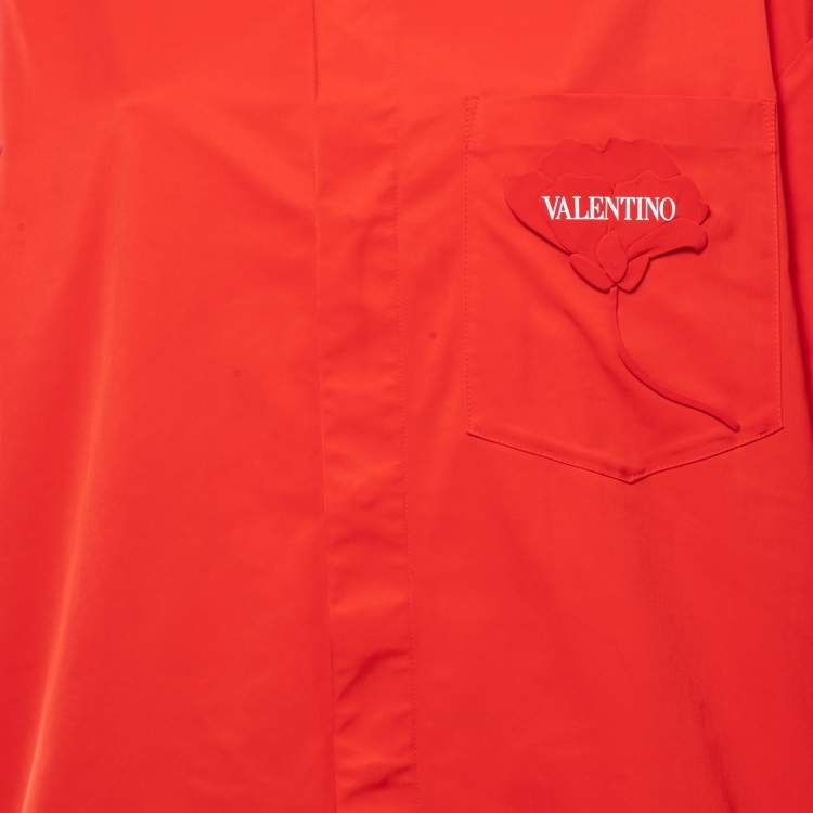 Pre Owned Valentino Red Taffeta Flower Logo Long Sleeve Shirt XL