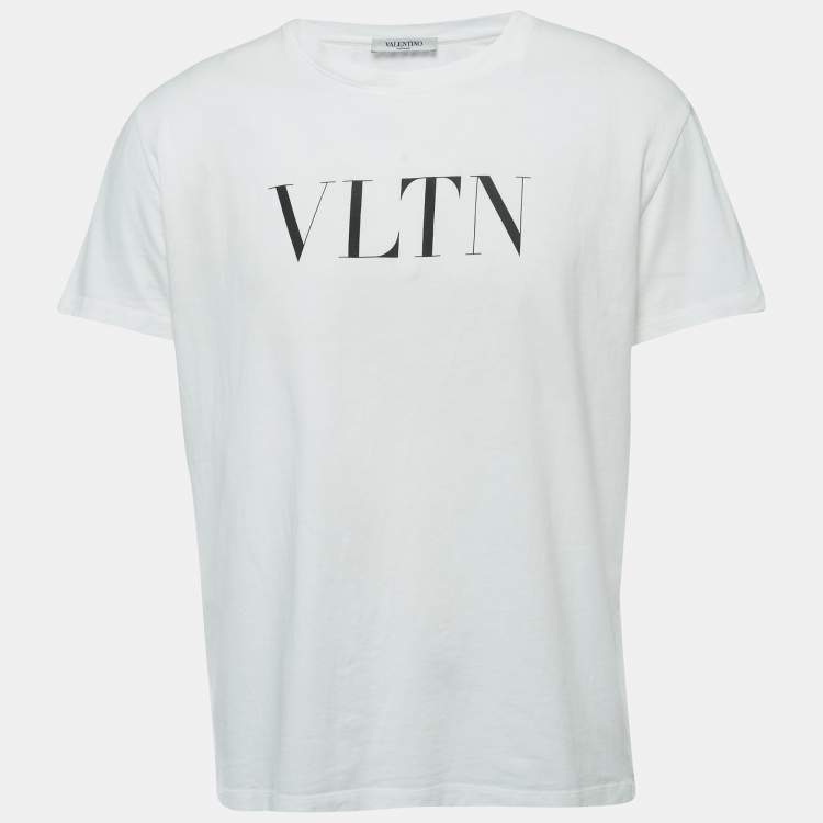 Pre Owned Valentino White Logo Print Cotton Crew Neck Half Sleeve T-Shirt M