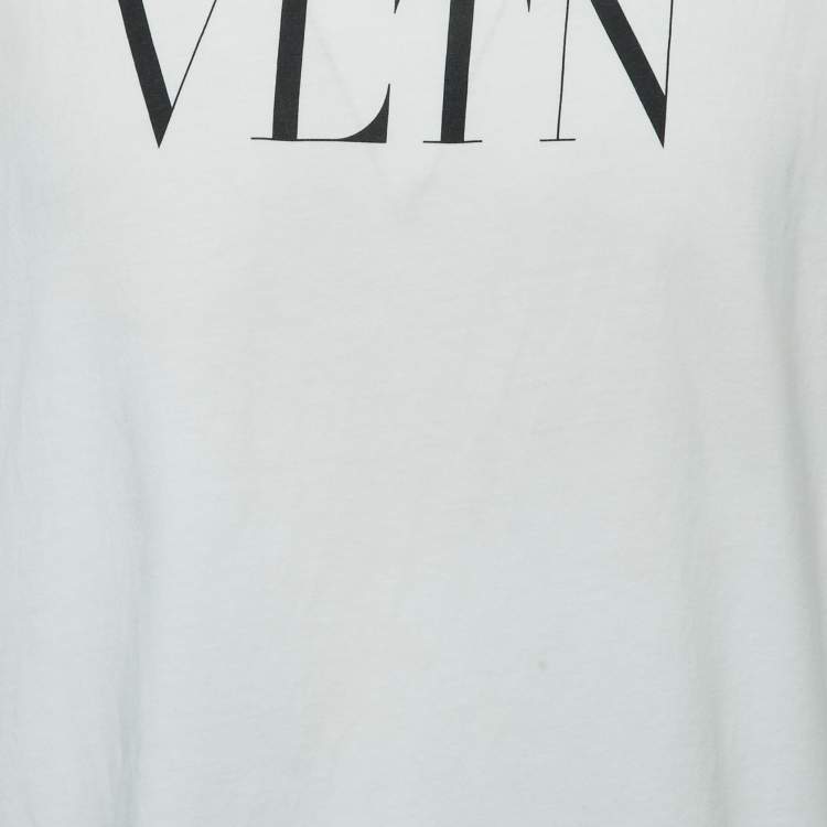 Pre Owned Valentino White Logo Print Cotton Crew Neck Half Sleeve T-Shirt M