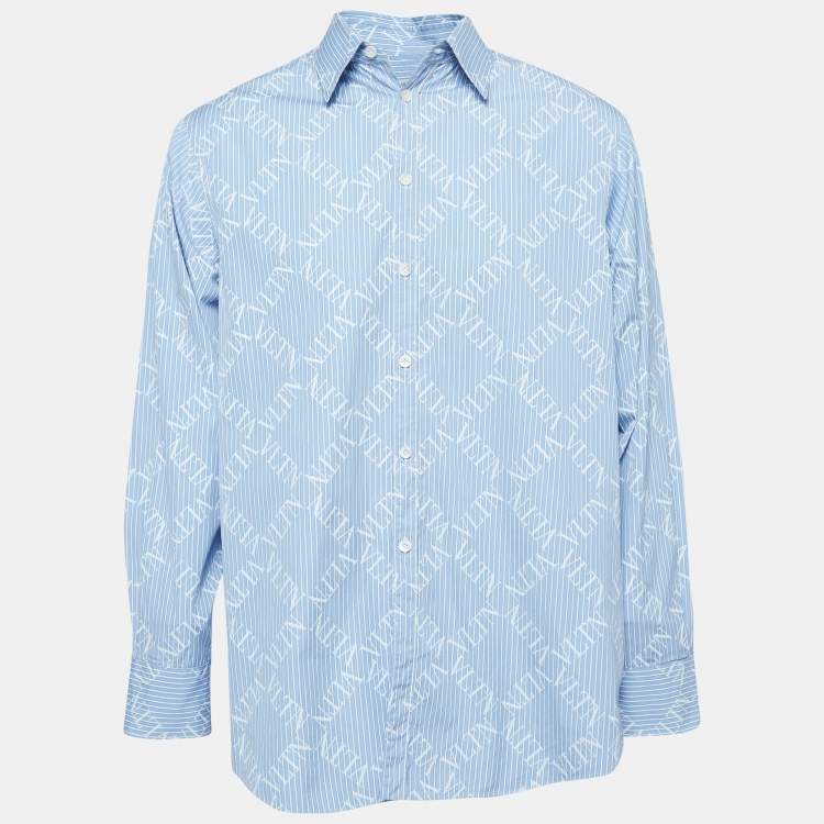 Pre Owned Valentino Blue Striped Logo Printed Cotton Long Sleeve Shirt M