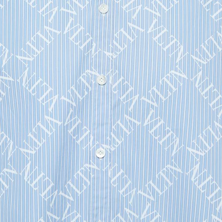Pre Owned Valentino Blue Striped Logo Printed Cotton Long Sleeve Shirt M