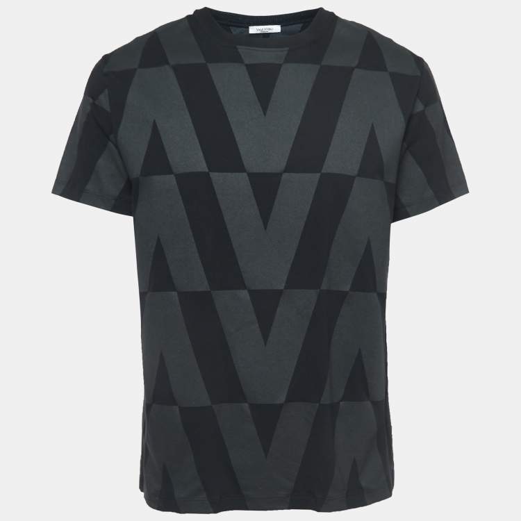 Pre Owned Valentino Black Macro Optic-V Printed Cotton T-Shirt L