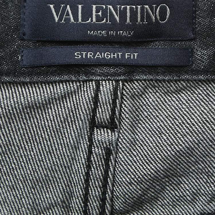 Pre Owned Valentino Grey V Logo Print Washed Denim Straight Fit Jeans L Waist 34"