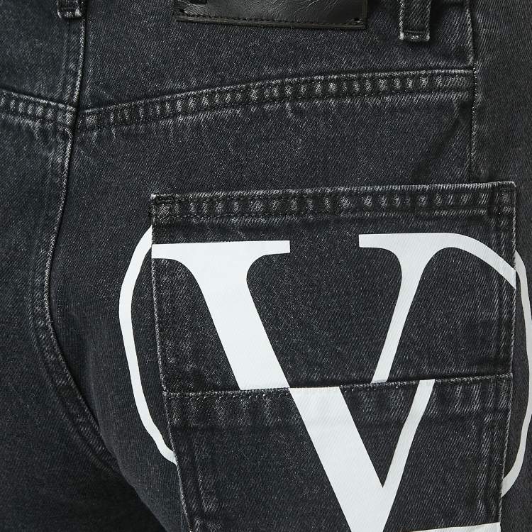 Pre Owned Valentino Grey V Logo Print Washed Denim Straight Fit Jeans L Waist 34"