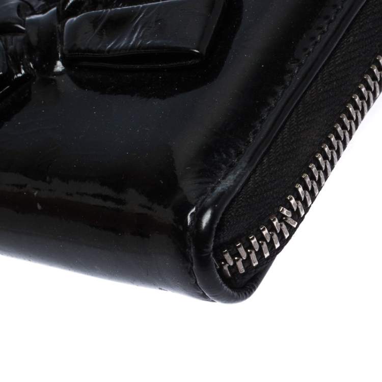 Pre Owned Valentino Black Patent Leather Bow Continental Zip Around Wallet