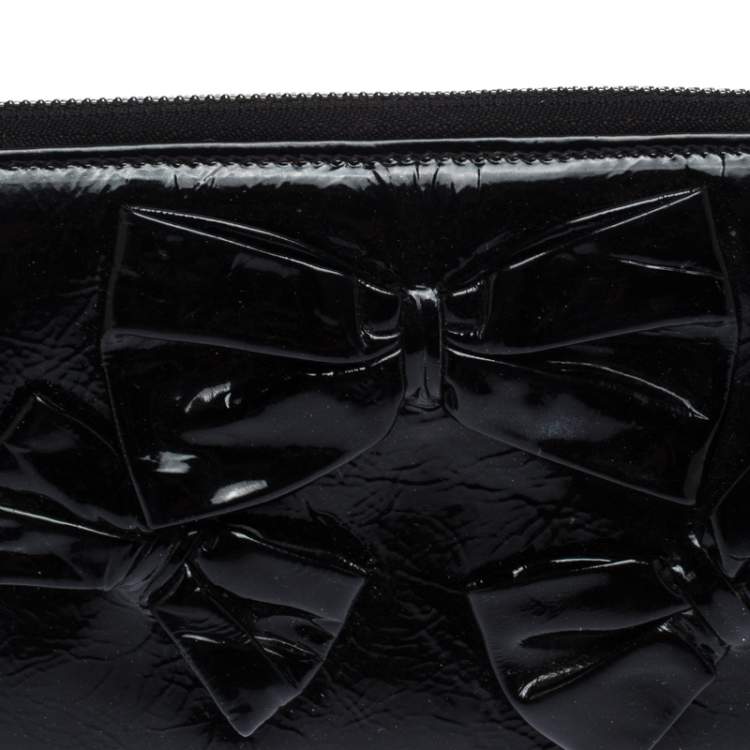 Pre Owned Valentino Black Patent Leather Bow Continental Zip Around Wallet