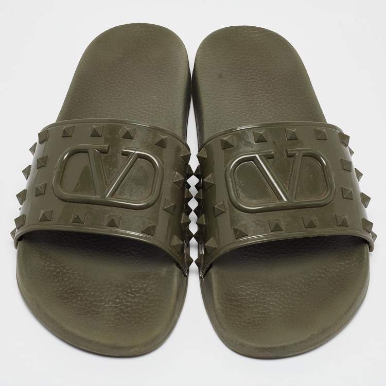 Pre Owned Valentino Olive Green Rubber Escape v logo Flat Slides Size 44