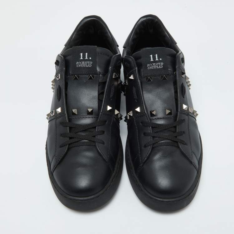 Pre Owned Valentino Black Leather Rockstud Untitled Low Top Sneakers Size 44.5