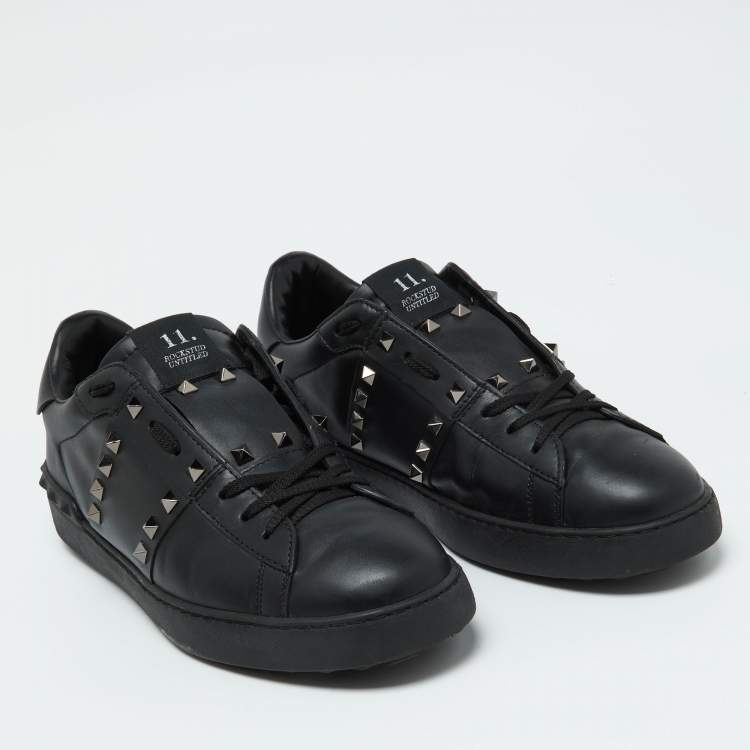 Pre Owned Valentino Black Leather Rockstud Untitled Low Top Sneakers Size 44.5