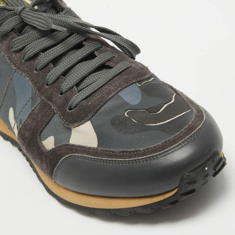 Pre Owned Valentino Multicolor Camouflage Print Canvas and Leather Rockrunner Sneakers Size 45