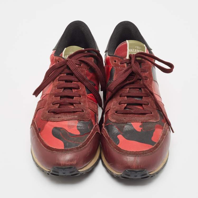 Pre Owned Valentino Red Camouflage Leather and Canvas Rockrunner Sneakers Size 45