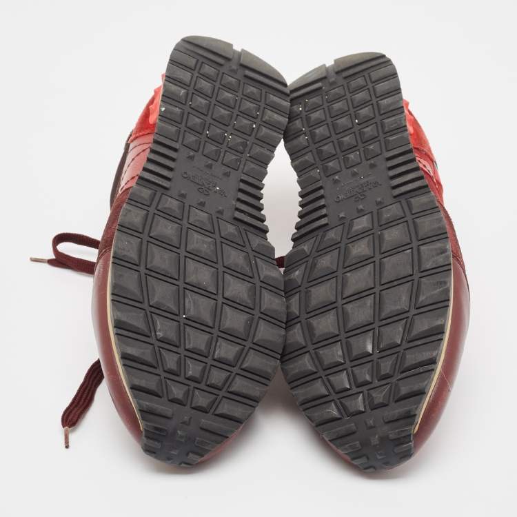 Pre Owned Valentino Red Camouflage Leather and Canvas Rockrunner Sneakers Size 45