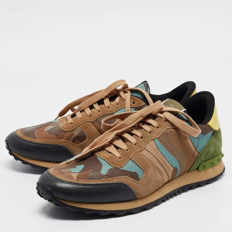 Pre Owned Valentino Multicolor Camouflage Leather and Canvas Rockrunner Sneakers Size 45