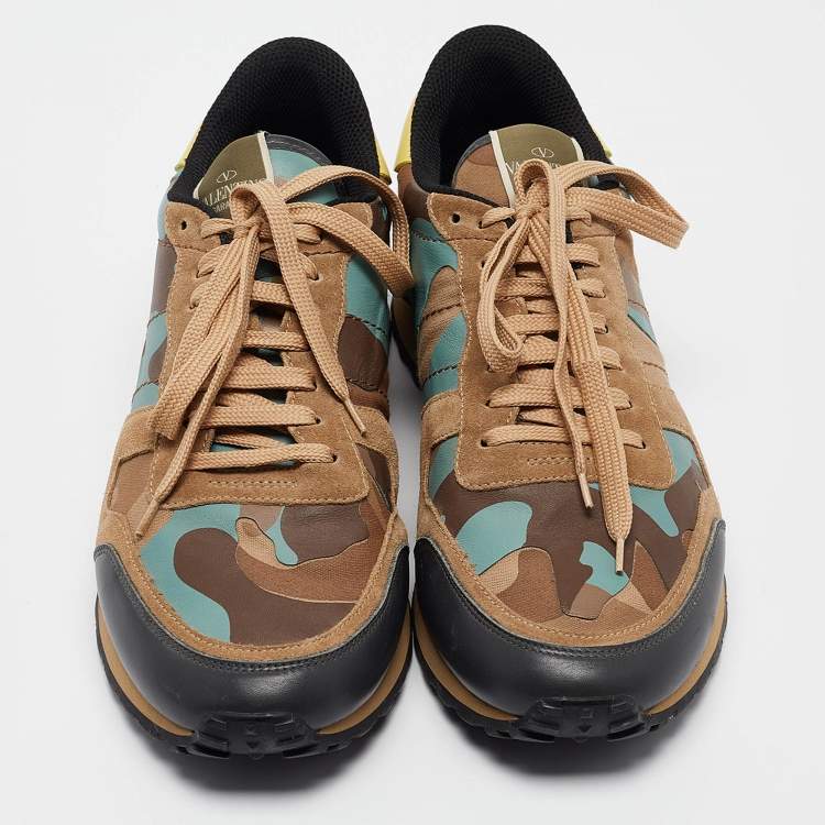 Pre Owned Valentino Multicolor Camouflage Leather and Canvas Rockrunner Sneakers Size 45