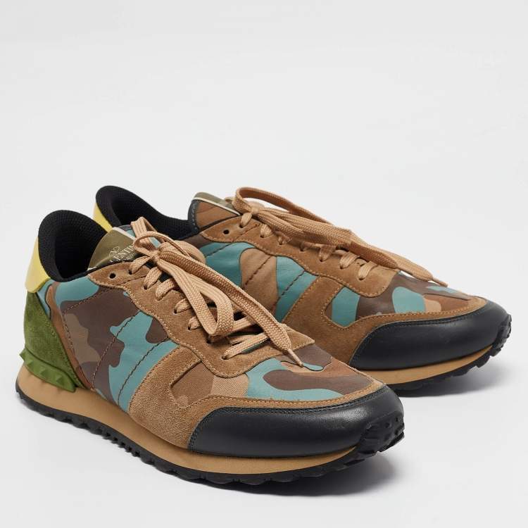 Pre Owned Valentino Multicolor Camouflage Leather and Canvas Rockrunner Sneakers Size 45