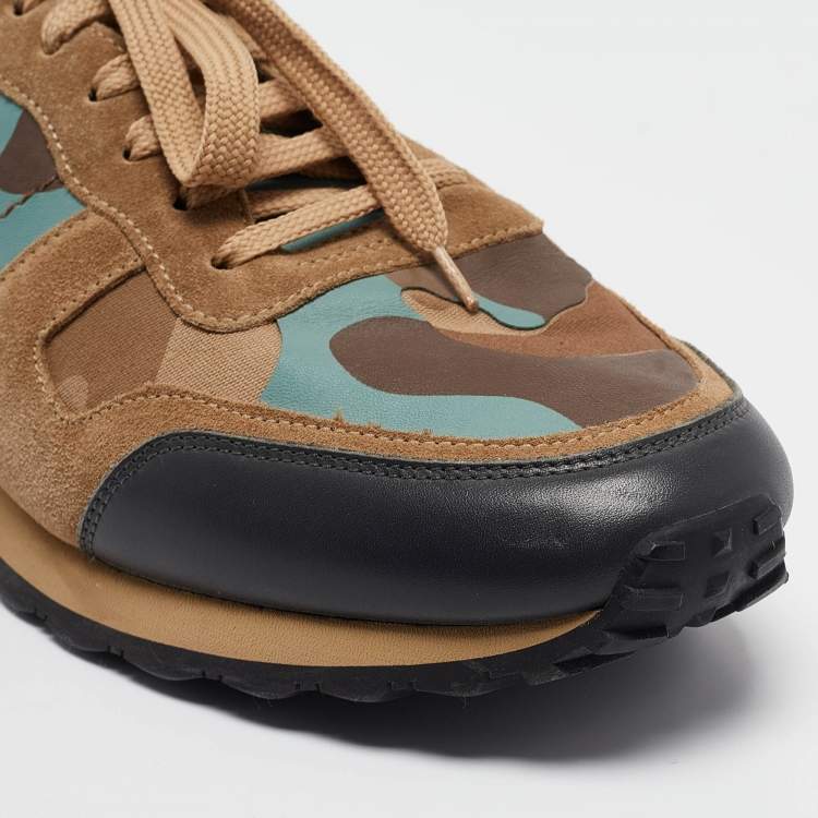 Pre Owned Valentino Multicolor Camouflage Leather and Canvas Rockrunner Sneakers Size 45