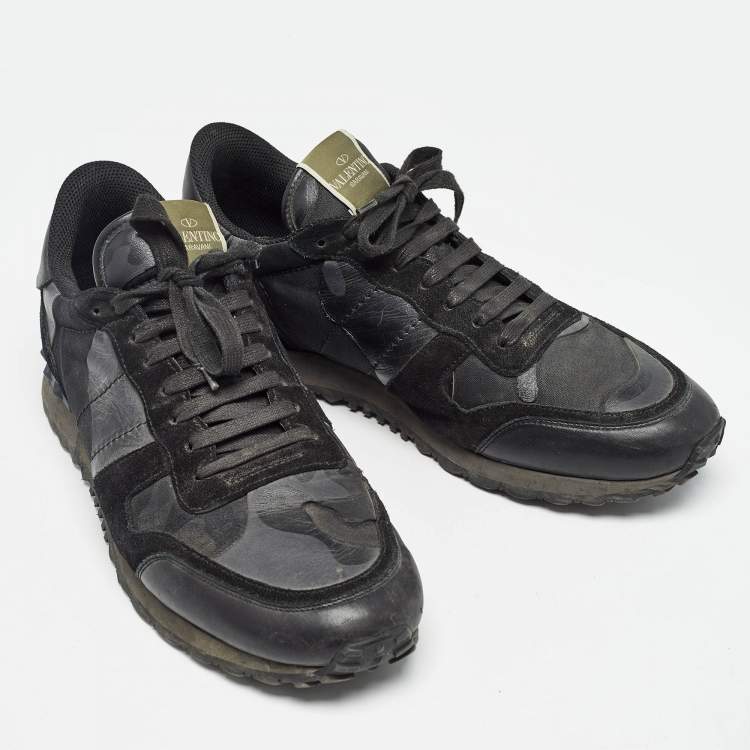 Pre Owned Valentino Black Suede and Leather Rockrunner Sneakers Size 45