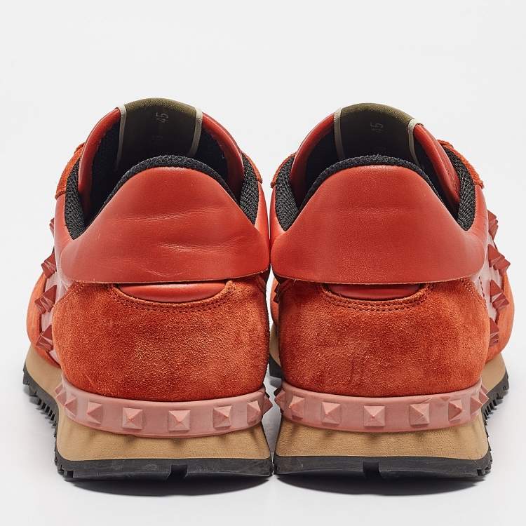 Pre Owned Valentino Orange Suede and Leather Rockstud Sneakers Size 45