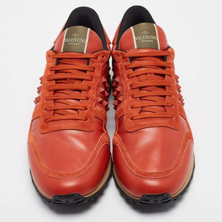 Pre Owned Valentino Orange Suede and Leather Rockstud Sneakers Size 45