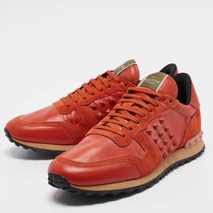 Pre Owned Valentino Orange Suede and Leather Rockstud Sneakers Size 45