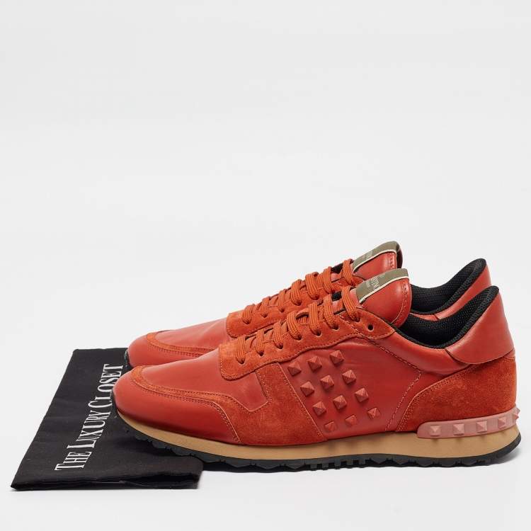 Pre Owned Valentino Orange Suede and Leather Rockstud Sneakers Size 45