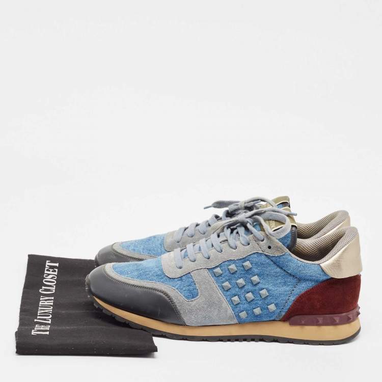 مملوكة مسبقًا Valentino Multicolor Denim and Leather Rockstud Lace Up Sneakers Size 45