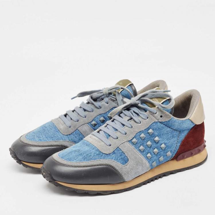 مملوكة مسبقًا Valentino Multicolor Denim and Leather Rockstud Lace Up Sneakers Size 45