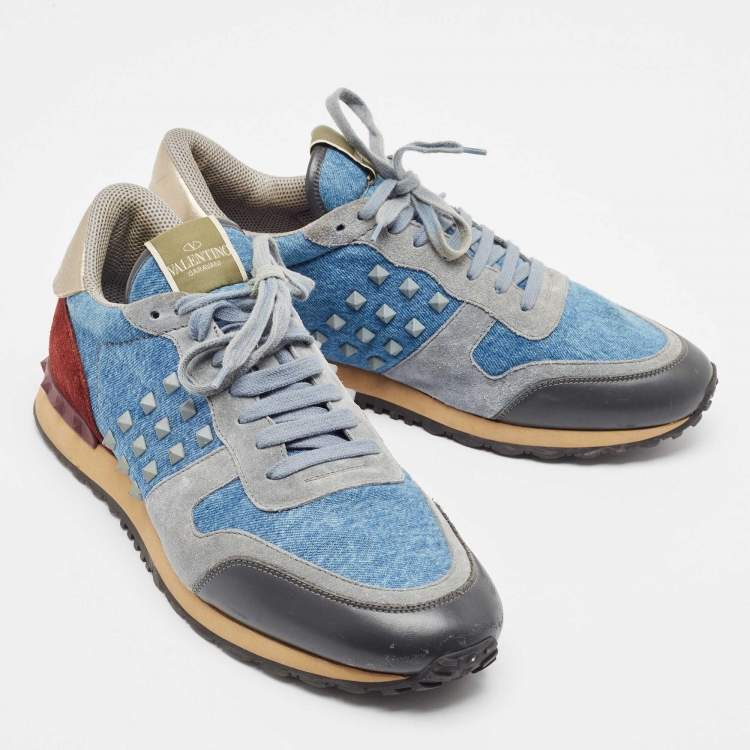 مملوكة مسبقًا Valentino Multicolor Denim and Leather Rockstud Lace Up Sneakers Size 45