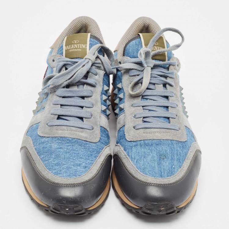 مملوكة مسبقًا Valentino Multicolor Denim and Leather Rockstud Lace Up Sneakers Size 45