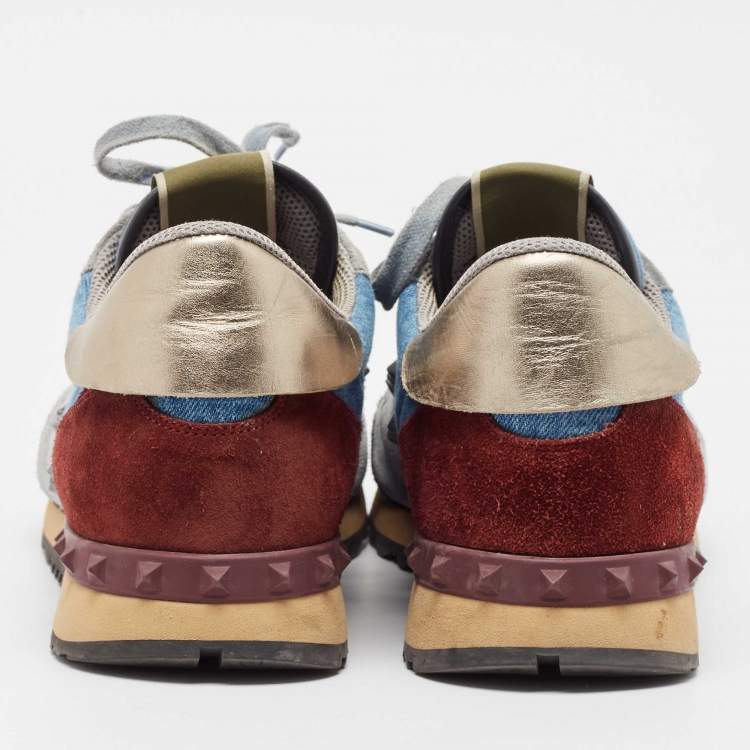 مملوكة مسبقًا Valentino Multicolor Denim and Leather Rockstud Lace Up Sneakers Size 45
