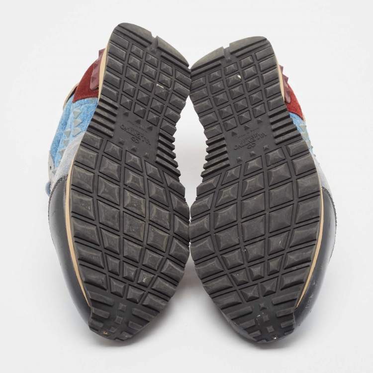 مملوكة مسبقًا Valentino Multicolor Denim and Leather Rockstud Lace Up Sneakers Size 45