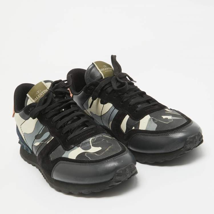 Pre Owned Valentino Black Canvas and Leather Rockrunner Low Top Sneakers Size 45