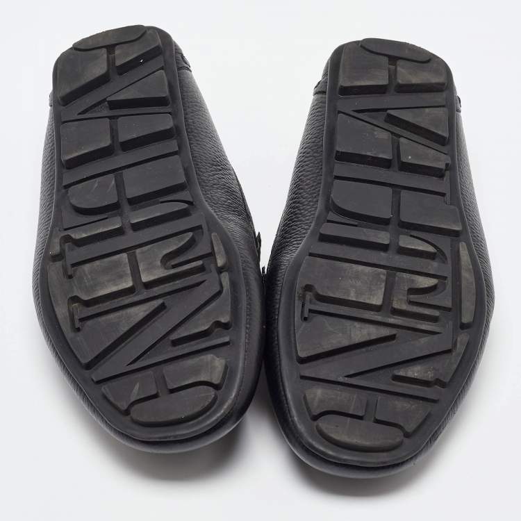 Pre Owned Valentino Black Leather Escape V logo Slip On Loafers Size 43