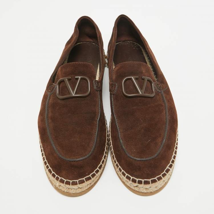 Pre Owned Valentino Brown Suede Escape V logo Loafers Size 44.5