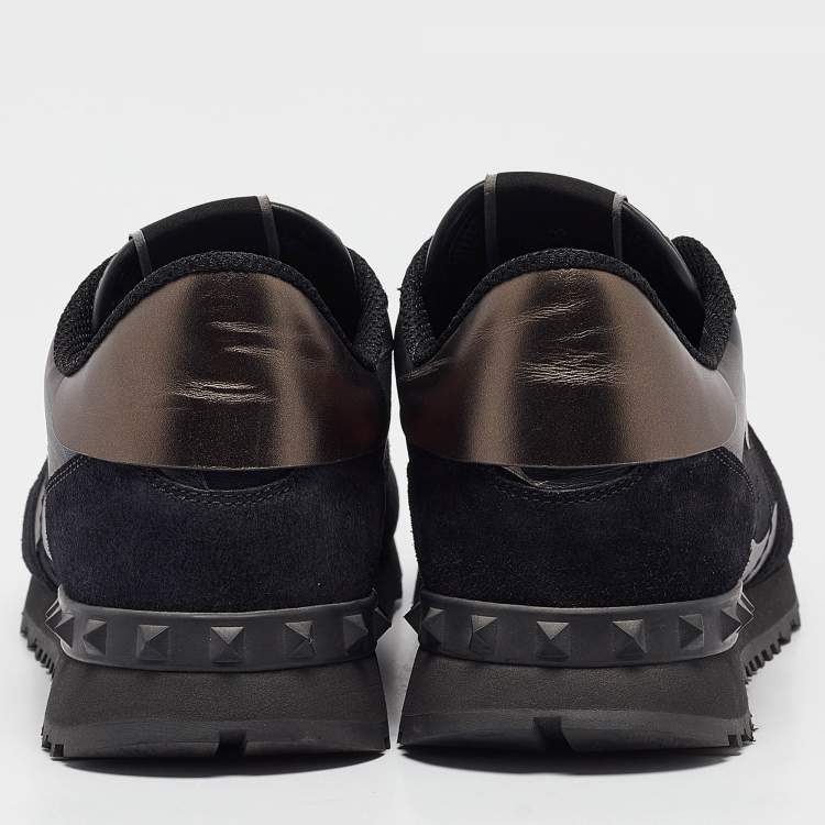 Pre Owned Valentino Black/Metallic Leather and Suede Rockrunner Lace Up Sneakers Size 43