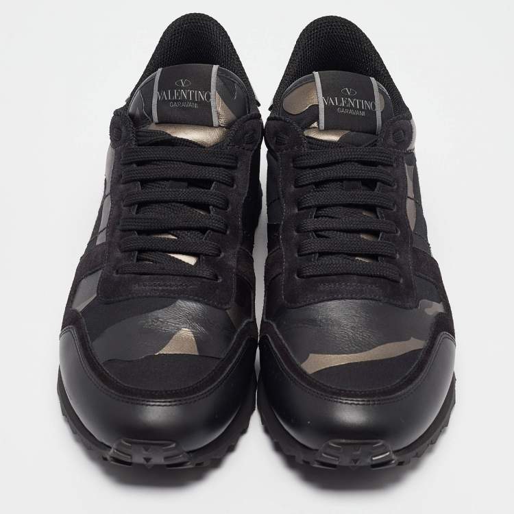 Pre Owned Valentino Black/Metallic Leather and Suede Rockrunner Lace Up Sneakers Size 43