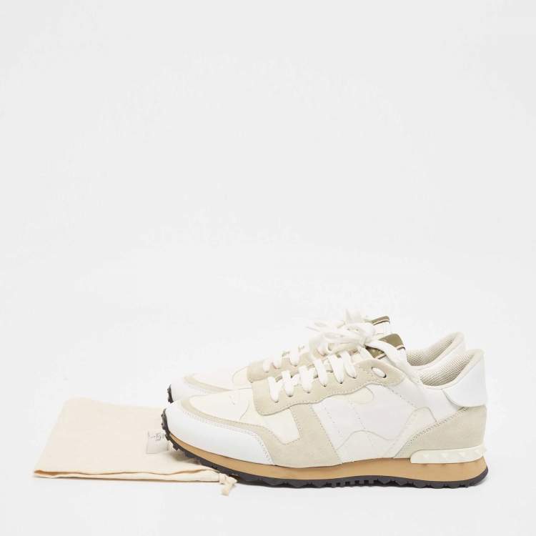 Pre Owned Valentino White Camo Print Canvas and Leather Rockrunner Sneakers Size 43
