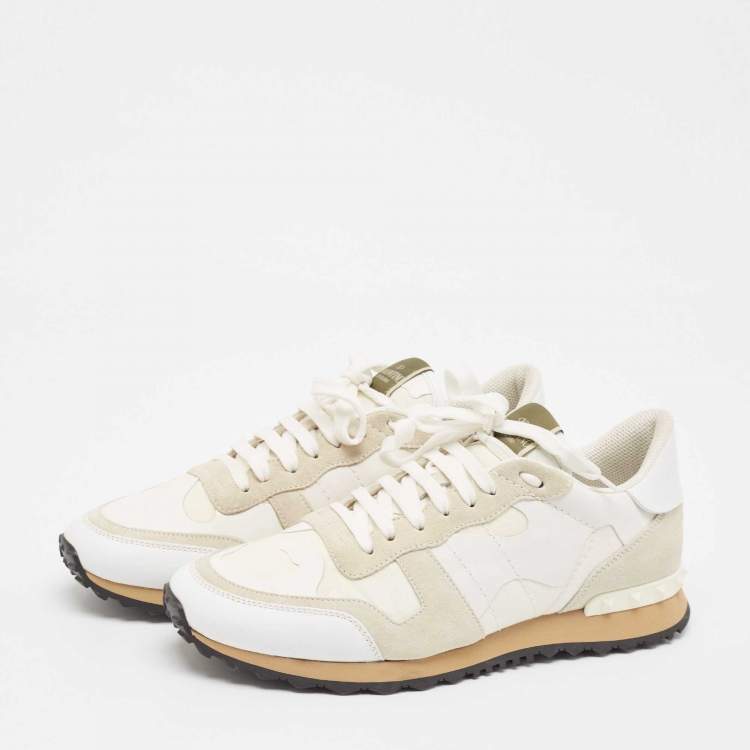 Pre Owned Valentino White Camo Print Canvas and Leather Rockrunner Sneakers Size 43