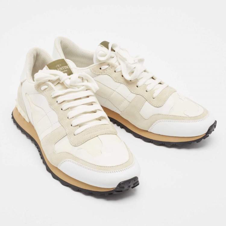 Pre Owned Valentino White Camo Print Canvas and Leather Rockrunner Sneakers Size 43